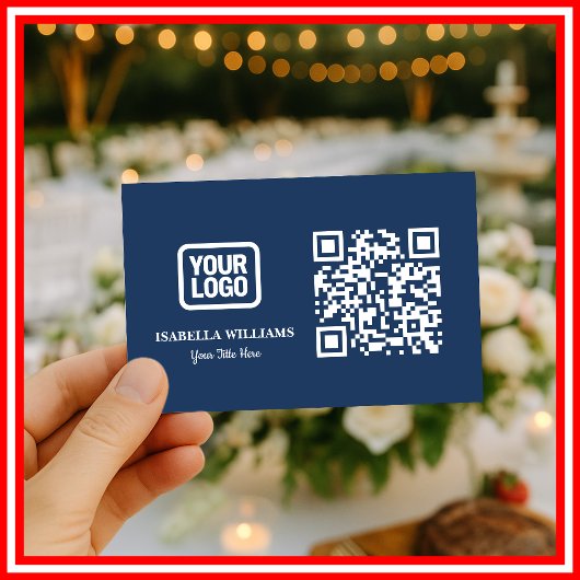 Your Logo Here Simple Modern Navy Blue QR Code Visitekaartje