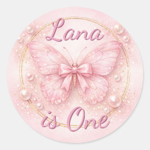 " Your Name " Is One Roze Vlinder 1e Verjaardag Ronde Sticker