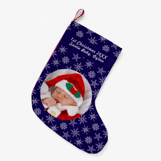 Your Photo Santa Baby Snowflake & Blue Background Kleine Kerstsok (Voorkant (Hangend))
