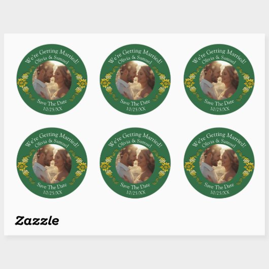 Your Photo, Save The Date, Emerald Green & Gold Ronde Sticker (Vel)