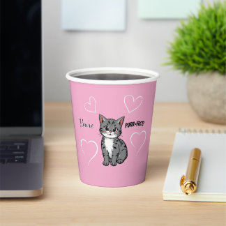 You're Purr-fect Animated Cat and Hearts Pink Papieren Bekers