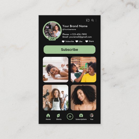 YouTube Green Influencer Vlogger Creator QR Code Visitekaartje (Voorkant)