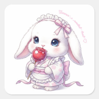 Yukata Bunny with Apple Candy - Pink Pastel Ribbon Vierkante Sticker