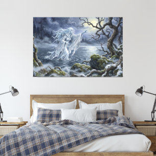 Yuki-onna dwaalt over het bevroren meer canvas afdruk