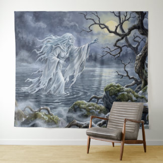 Yuki-onna dwaalt over het bevroren meer wandkleed