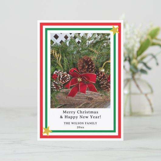 Yule Log Red Bow Candy Canes INSERT PHOTO Feestdagenkaart (Staand voorkant)