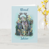 Yule Winter Solstice Barn Owl met looppas Kaart (Gele Bloem)