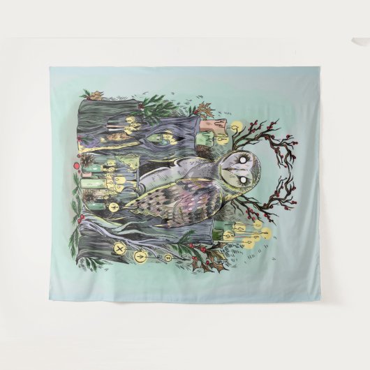 Yule Winter Solstice Barn Owl met looppas Wandkleed (Voorkant (horizontaal))