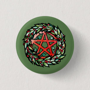Yule Wreath Pentacle Pagan Pentagram Holiday Ronde Button 3,2 Cm