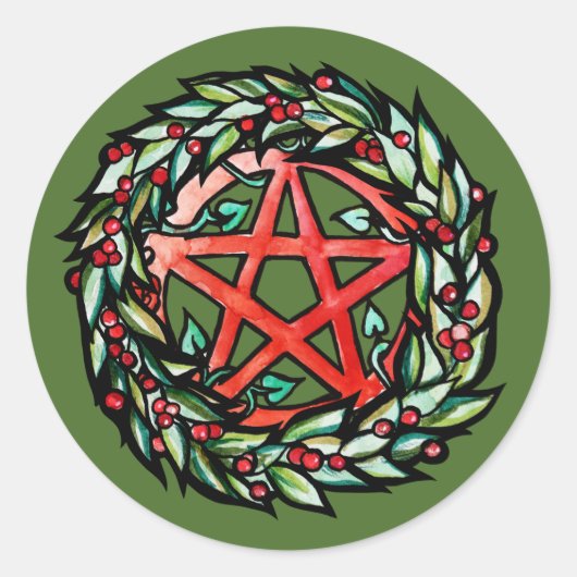Yule Wreath Pentacle Pagan Pentagram Holiday Ronde Sticker (Voorkant)