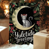 Yuletide Groeten Kat op de Maan Kerstmis Feestdagen Kaart