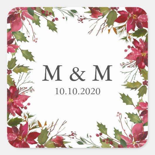 Yuletide | Poinsettia Bruiloft Monogram Vierkante Sticker (Voorkant)