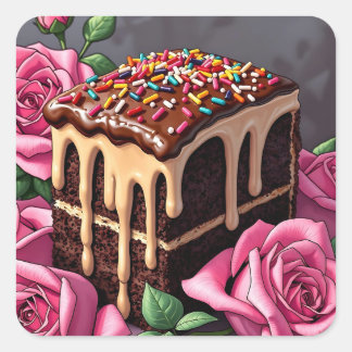 Yummy Chocolate Birthday Cake with Sprinkles Vierkante Sticker
