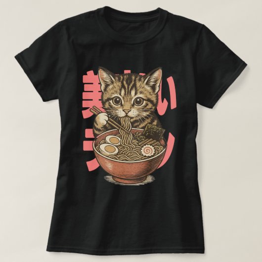 Yummy Ramen Kitten Black T-shirt (Design voorkant)