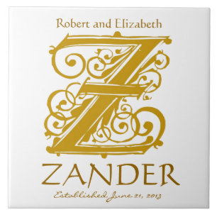 Z Gold Monogram op White - Names Wedding Date Tege Tegeltje