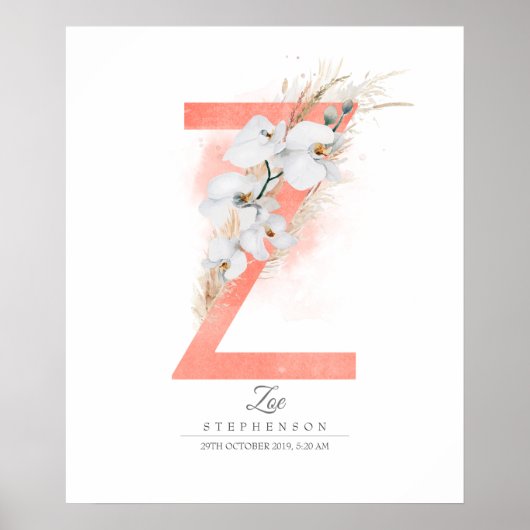 Z Letter Monogram White Orchids and Pampas Grass Poster (Voorkant)