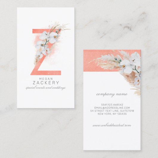 Z Letter Monogram White Orchids and Pampas Grass Visitekaartje (Voorkant / Achterkant)