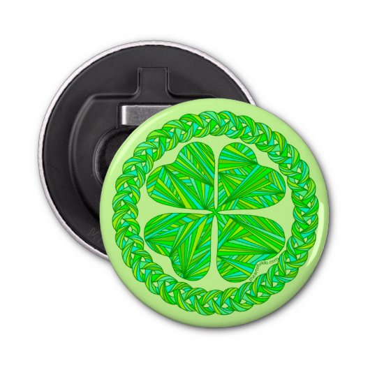 Z Lucky Celtic Shamrock Four Leaf Clover Fun Green Button Flesopener (Voorkant)