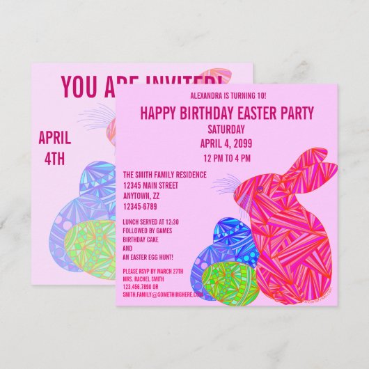 Z Pink Bunny Easter dan met Birthday Party Invite Kaart (Voorkant / Achterkant)