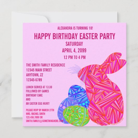 Z Pink Bunny Easter dan met Birthday Party Invite Kaart (Voorkant)