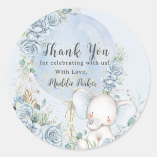 Zacht Blauw Bloemenballon Olifant Boy Baby shower Ronde Sticker