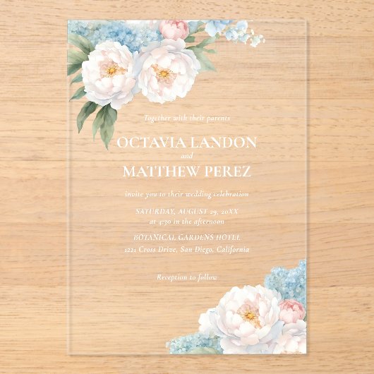 Zacht Blauw en Roze Bloemen Lente Botanisch Acryl Uitnodigingen (Voorkant)