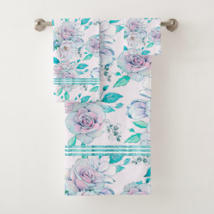 Zacht blauw-groen rozen patroon bad handdoek