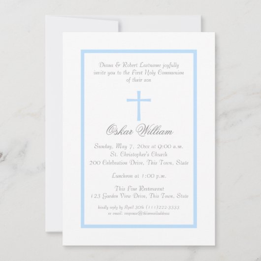 Zacht blauw Lijst en Buffalo Plaid Eerste Communie Kaart (Voorkant)