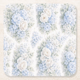 Zacht Blauw Witte Aquarel Bloempatroon Elegant Vierkante Kartonnen Onderzetter