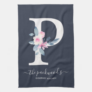 ZACHT BLUSH BLAUW NAVY BLOEMALFABETTEN LETTER P THEEDOEK