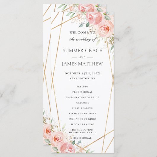 Zacht Blush Roze Bloemen Geometrisch Huwelijksprog Programma (Voorkant / Achterkant)