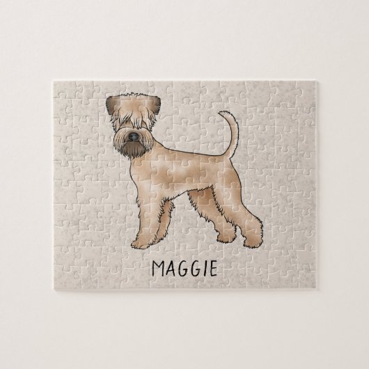 Zacht gecoate tarweterriër hond op beige met naam legpuzzel (Horizontaal)