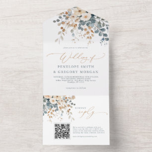 Zacht gedempte aardetinten bloemenbruiloft Waterve All In One Uitnodiging