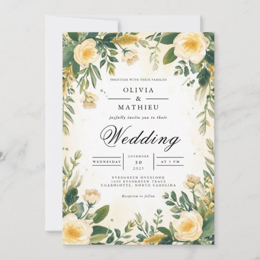 Zacht Geel Bloemen Botanische Boog Wedding Kaart (Voorkant)