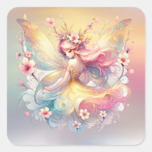 Zacht Geel Bloemen Fairy Prinses Meisjes Vierkante Sticker