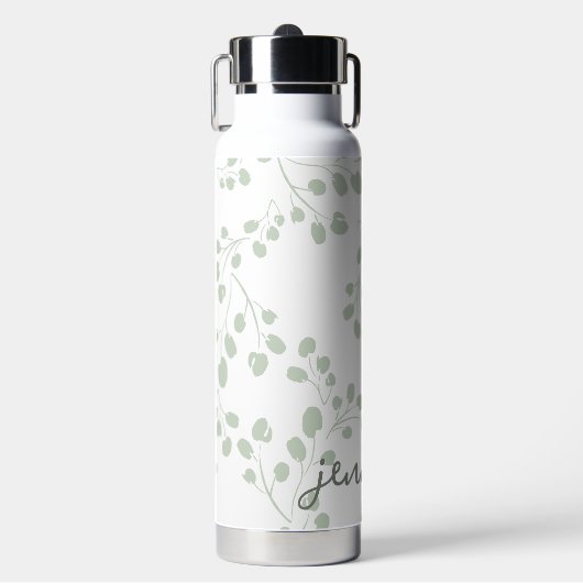 Zacht Groen Blad Bloemen Modern Naam toevoegen Waterfles (Voorkant)