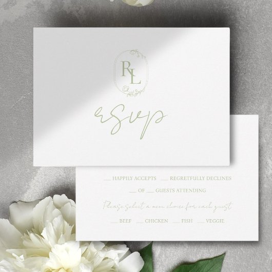 Zacht Groen Bloemen Monogram Bruiloft RSVP