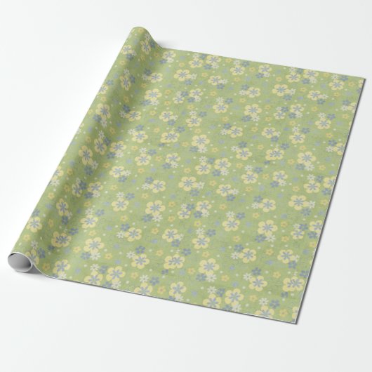 zacht groen en blauw bloemontwerp cadeaupapier (Uitgerold)
