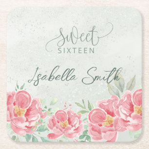 Zacht Groen & Roze Bloemen Sweet Sixteen Vierkante Kartonnen Onderzetter