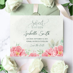 Zacht Groen & Roze Glitter Bloemen Zoet 16 Verjaar Save The Date