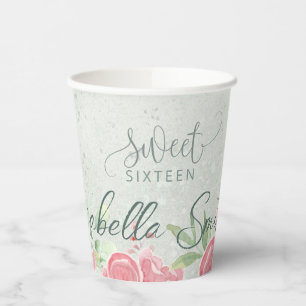 Zacht Groen & Roze Glitter Floral Sweet Sixteen Bi Papieren Bekers