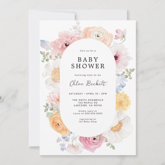 Zacht Kleurrijk Pastel Bloemen Lijst Baby shower Kaart (Voorkant)
