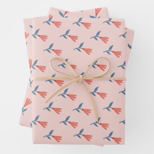 Zacht Koraal Bloesems en Blauwe Bladeren Patroon Inpakpapier Vel