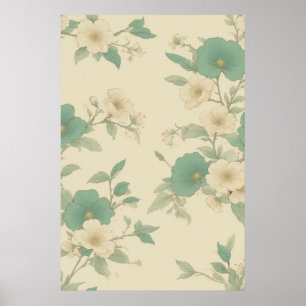 Zacht pastel Blauwgroen en crème bloempatroon Poster