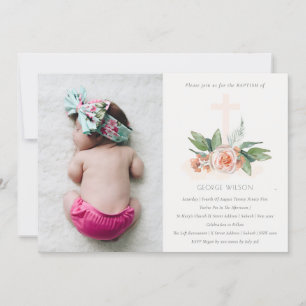 Zacht peach Roos Floral Cross Foto Baptisme Invite Bedankkaart