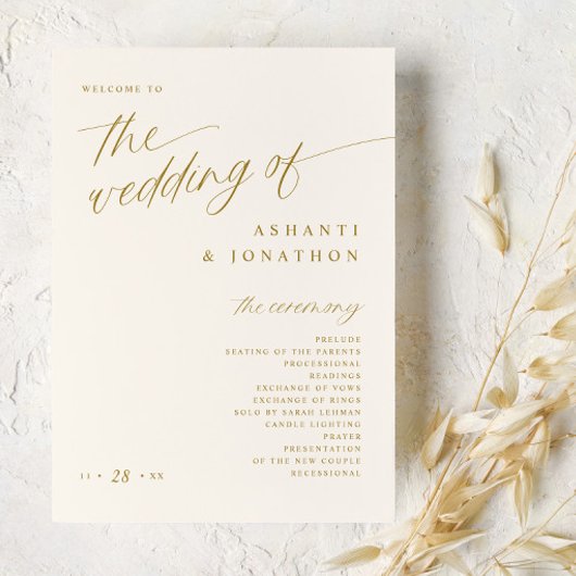 Zacht romantisch goud en licht ivoor bruiloft programma