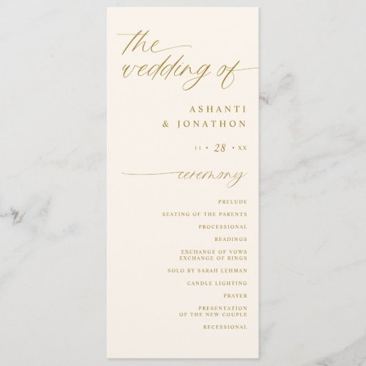 Zacht romantisch script ivoor en gouden bruiloft programma (Voorkant)