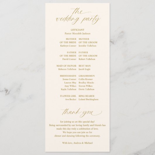 Zacht romantisch script ivoor en gouden bruiloft programma (Achterkant)