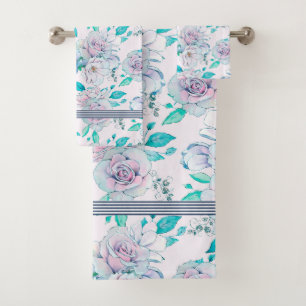 Zacht roze & blauw rozen patroon bad handdoek