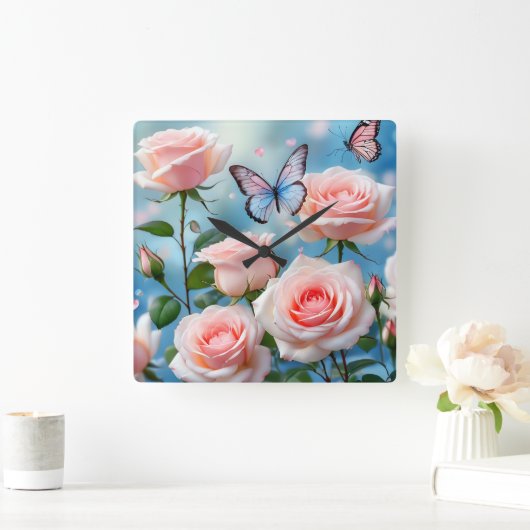 Zacht Roze Bloem Blauwe Vlinder Vierkante Klok (Huis)